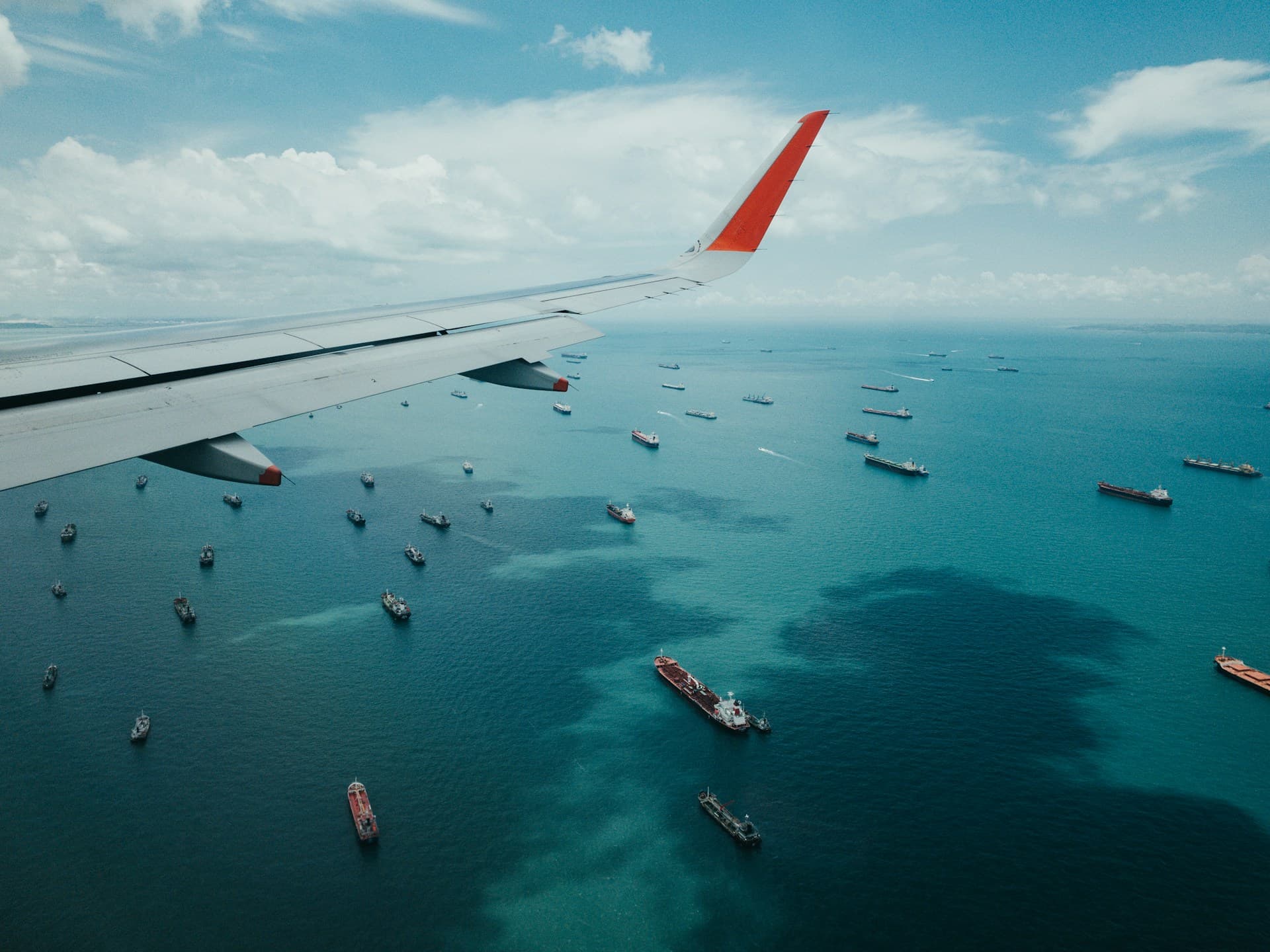 Cargo ships viewed from an aircraft approaching the Philippines